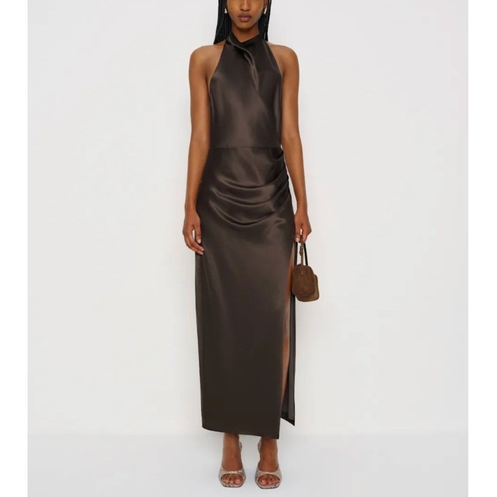 Reformation Noe 100% Silk Dress Pine Tree Green XL High Neck Backless Maxi Gown